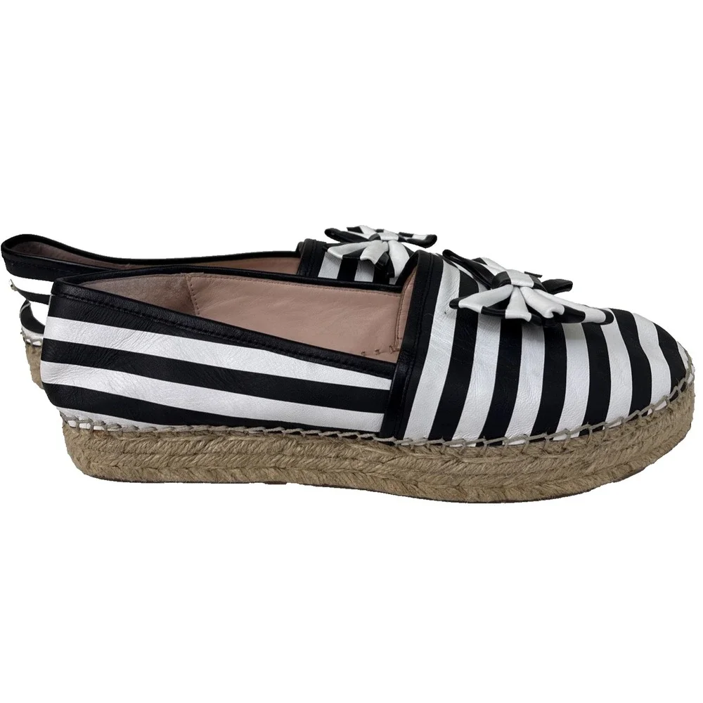 Kate Spade Linds Bow Espadrille Striped Womens 10 Shoes Black White Preppy